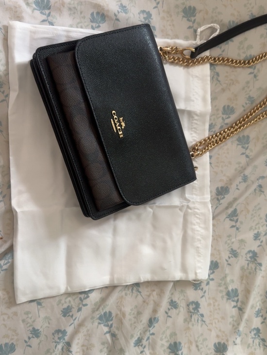 Coach Handbags - Coach Black and Brown Leather Crossbody with Gold Chain